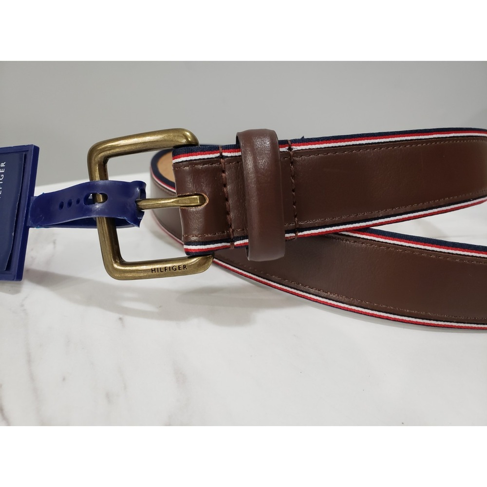 NEW XL - 42/ 44 Tommy Hilfiger Faux Leather Belt WITH FLAG LOGO BORDER